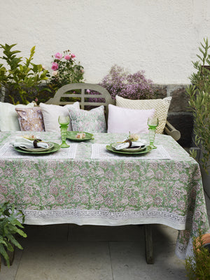 Linen Tablecloth Indian Summer Design - Green/Rose