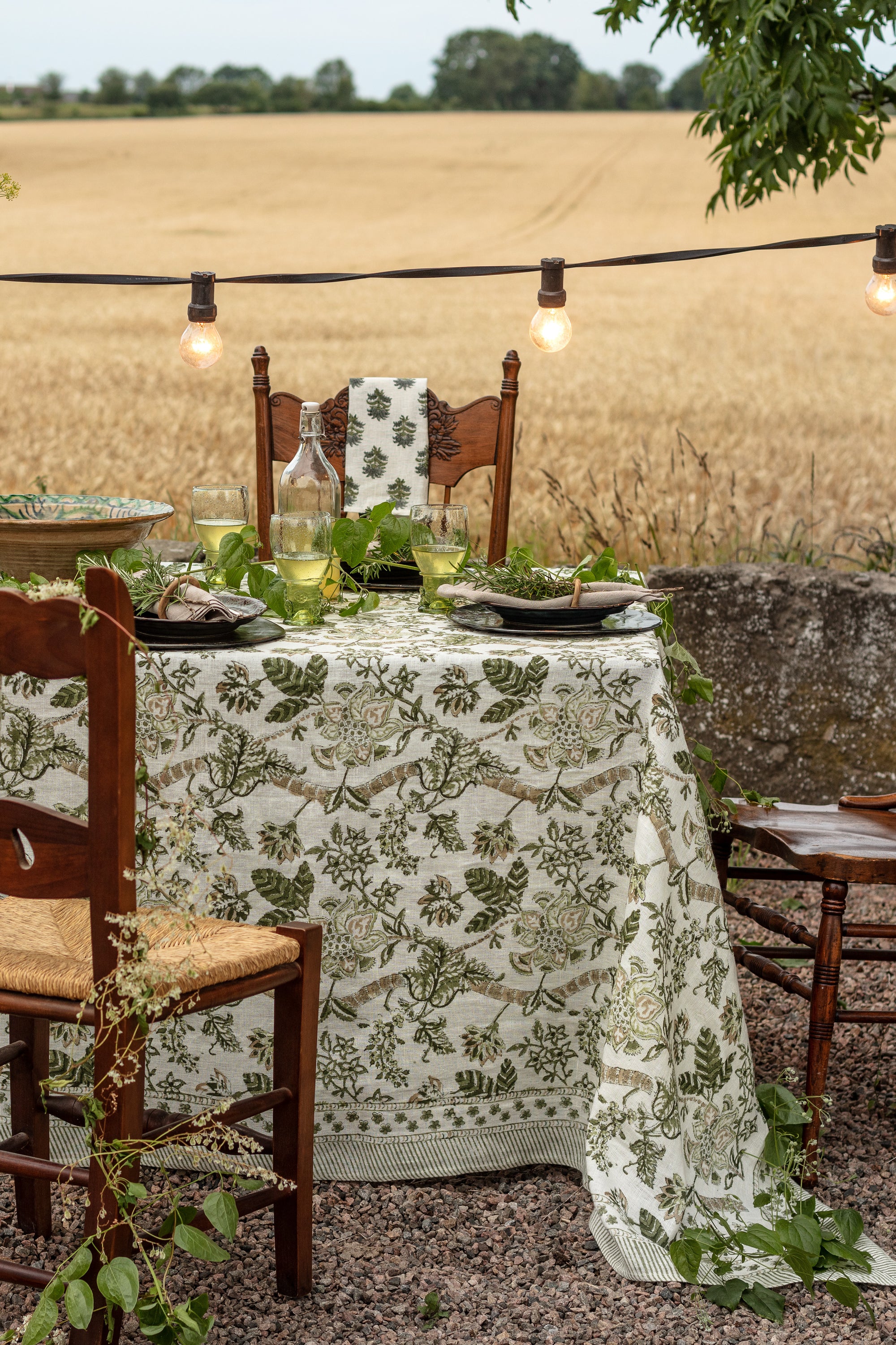 Linen Tablecloth Floral Design - Olive