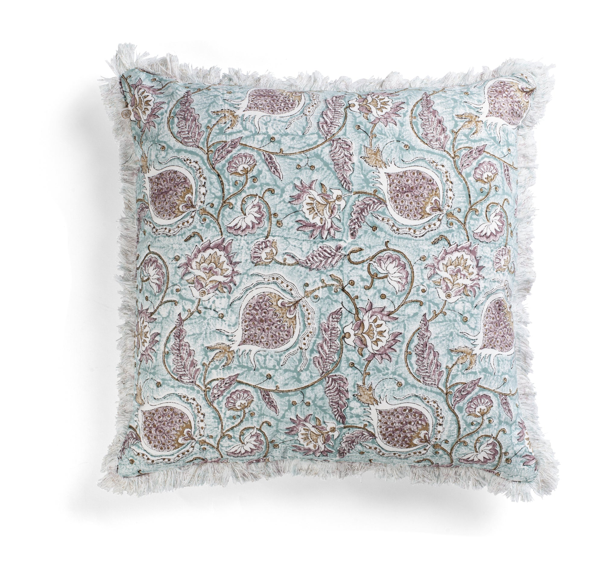 Cotton Cushion Cover Pomegranate Design with frayed edge - Turquoise