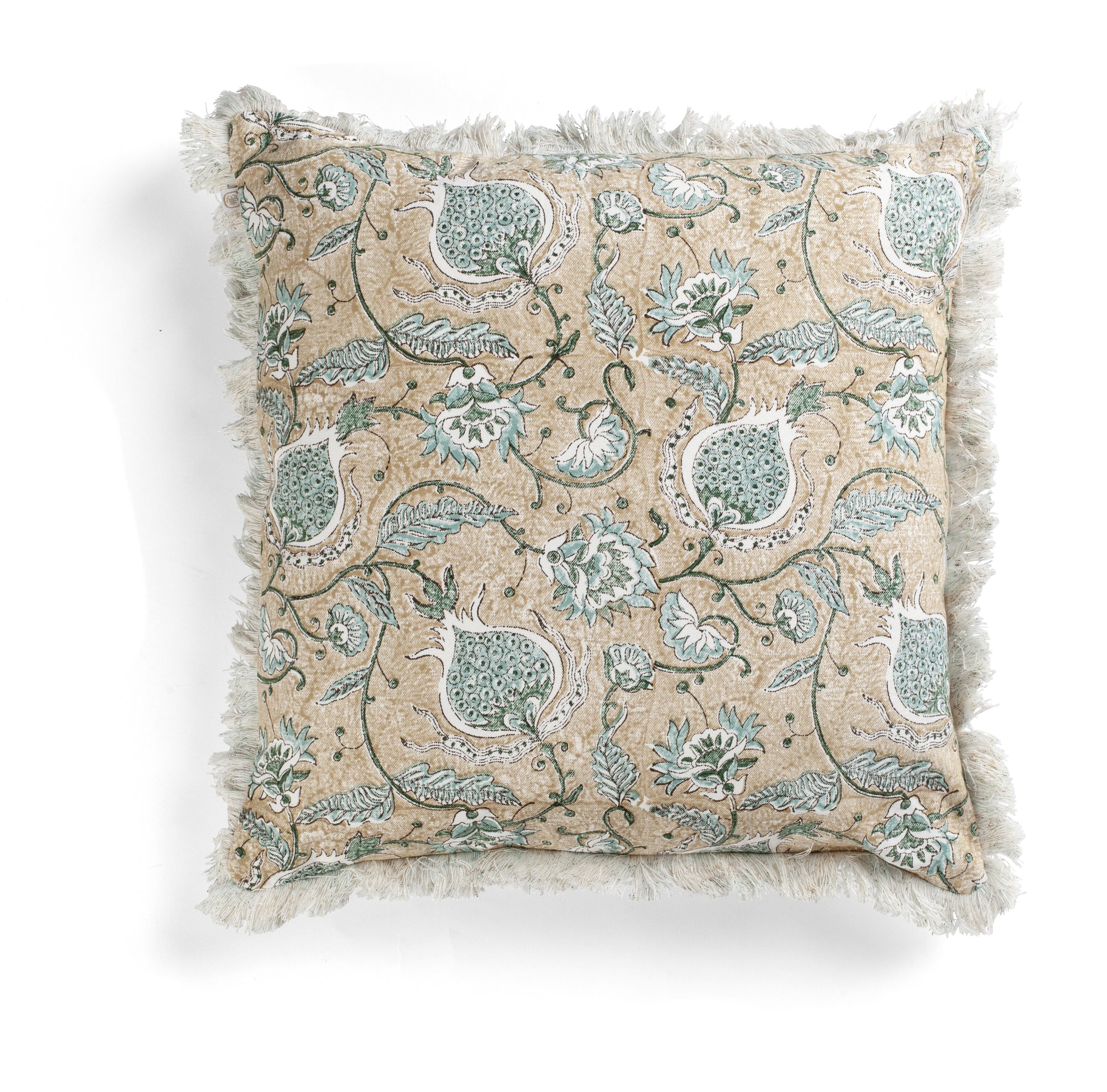 Cotton Cushion Cover Pomegranate Design with frayed edge - Beige
