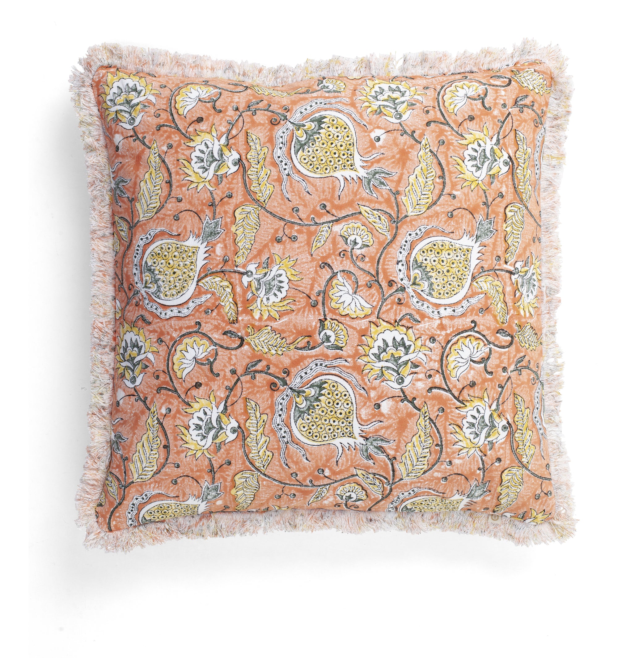 Cotton Cushion Cover Pomegranate Design with frayed edge - Orange