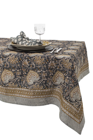 Linen Tablecloth Oriental Design - Navy Blue